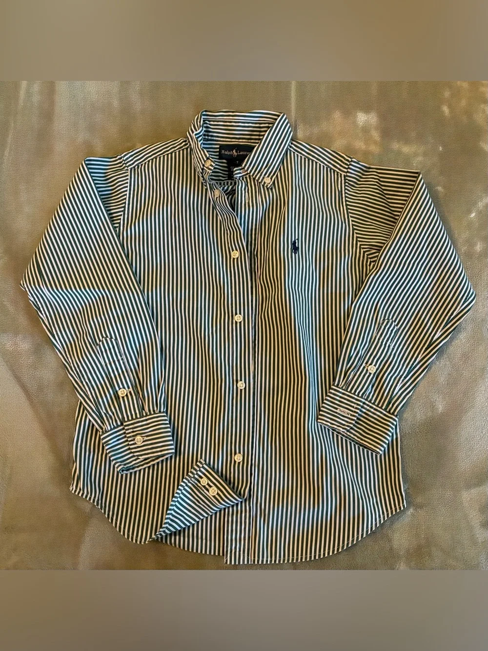 Boys Size 7 Ralph Lauren Green & White Striped Button-Down Shirt